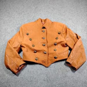 Q Made in England Vintage Tan Leather Military Cropped Jacket Double Breasted 19